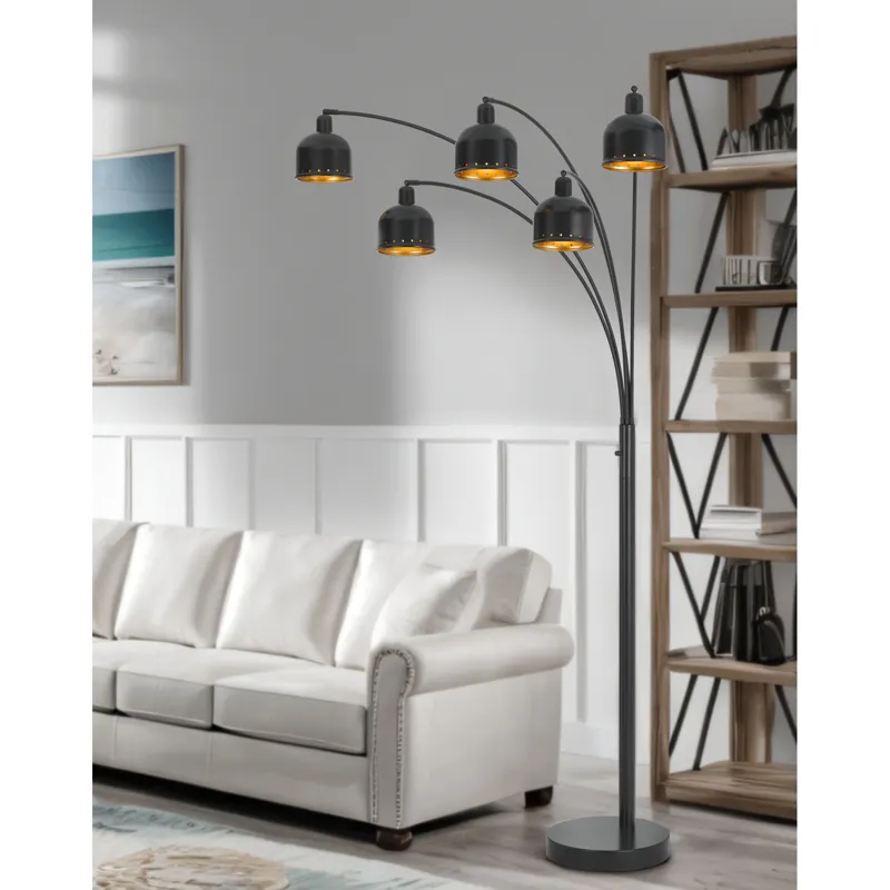 Lovett 60w X 5, 3 Way Ellington Arc Floor Lamp With Metal Gold Tone Shades And Heavy Weighted Base
