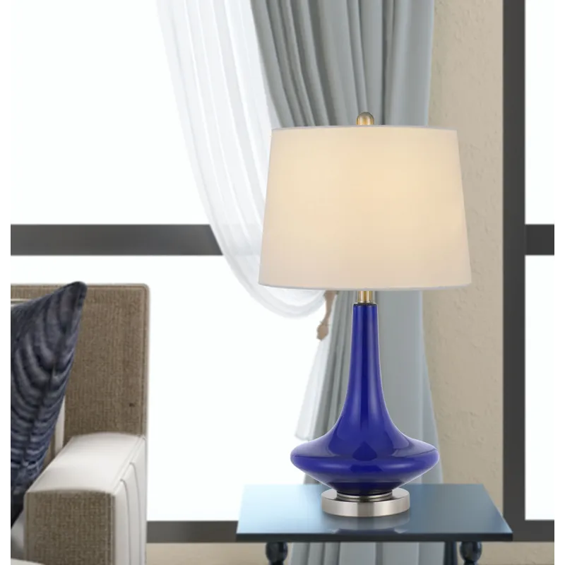 100w Kleve Glass Table Lamp With Taper Drum Hardback Linen Shade(Priced And Sold As Pairs)