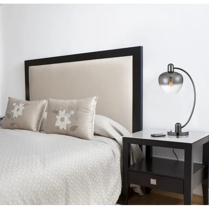 40w Brookline Metal Arc Table Lamp With Electoral Plated Smoked Glass Shade And On Off Rocker Switch