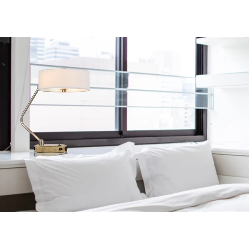 60w X 2 Marcos Metal Desk Lamp With Drum Fabric Shade And 1 USB And 1 Type C USB Charging Port With 