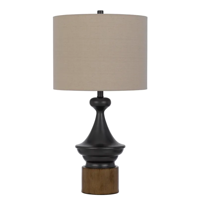 150w 3 Way Sterling Metal/Table Lamp With Faux Wood Metal Base And Drum Linen Shade
