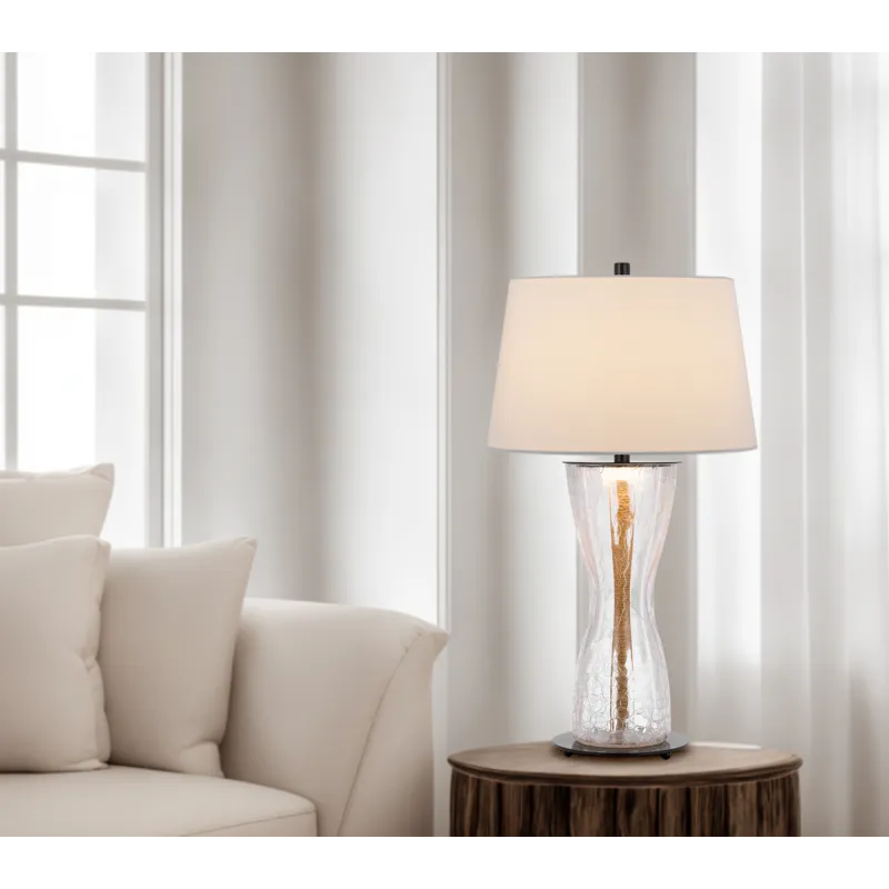 100w Andria Crackle Glass Table Lamp With 2w LED Night Light And Hardback Fabric Shade