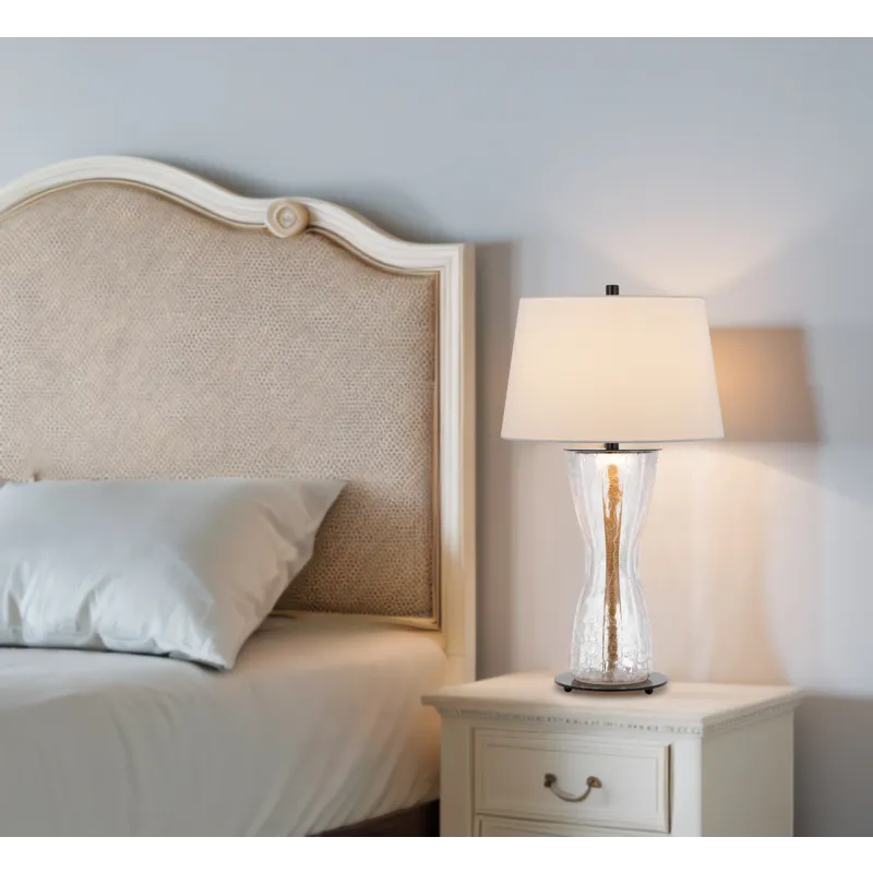 100w Andria Crackle Glass Table Lamp With 2w LED Night Light And Hardback Fabric Shade