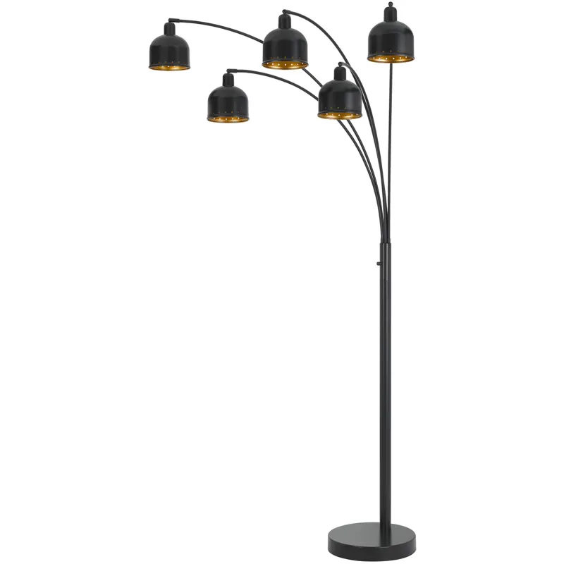 Lovett 60w X 5, 3 Way Ellington Arc Floor Lamp With Metal Gold Tone Shades And Heavy Weighted Base