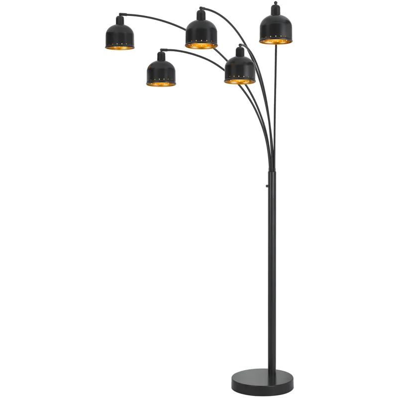 Lovett 60w X 5, 3 Way Ellington Arc Floor Lamp With Metal Gold Tone Shades And Heavy Weighted Base