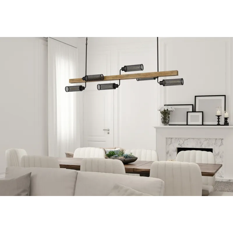 60w X 6 Lenox Pine Wood Island Chandelier With Metal Mesh Shades
