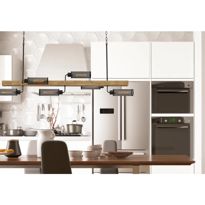 60w X 6 Lenox Pine Wood Island Chandelier With Metal Mesh Shades