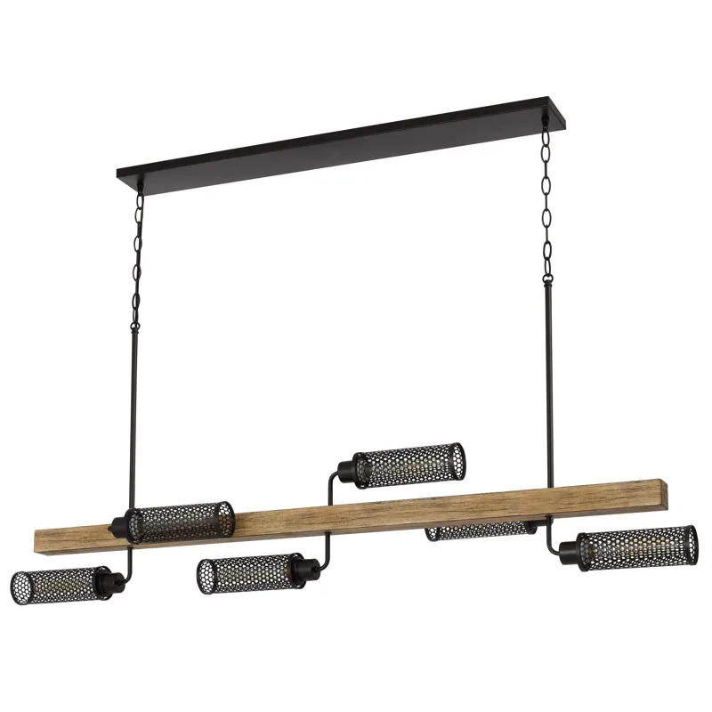 60w X 6 Lenox Pine Wood Island Chandelier With Metal Mesh Shades