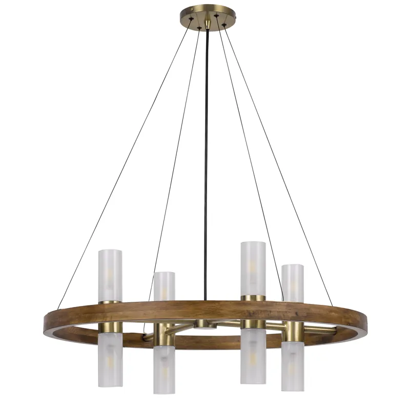 40w X 8 Hempstead Birch Wood Cylinder Chandelier With Adjustable Steel Cable And Glass Shades