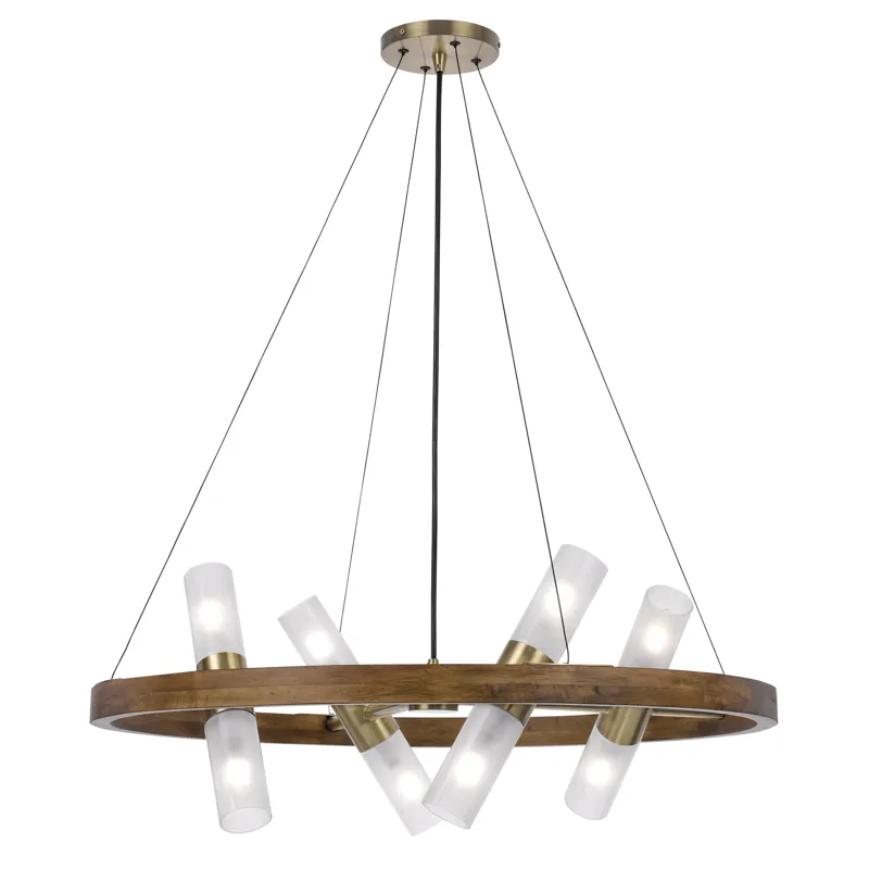 40w X 8 Hempstead Birch Wood Cylinder Chandelier With Adjustable Steel Cable And Glass Shades