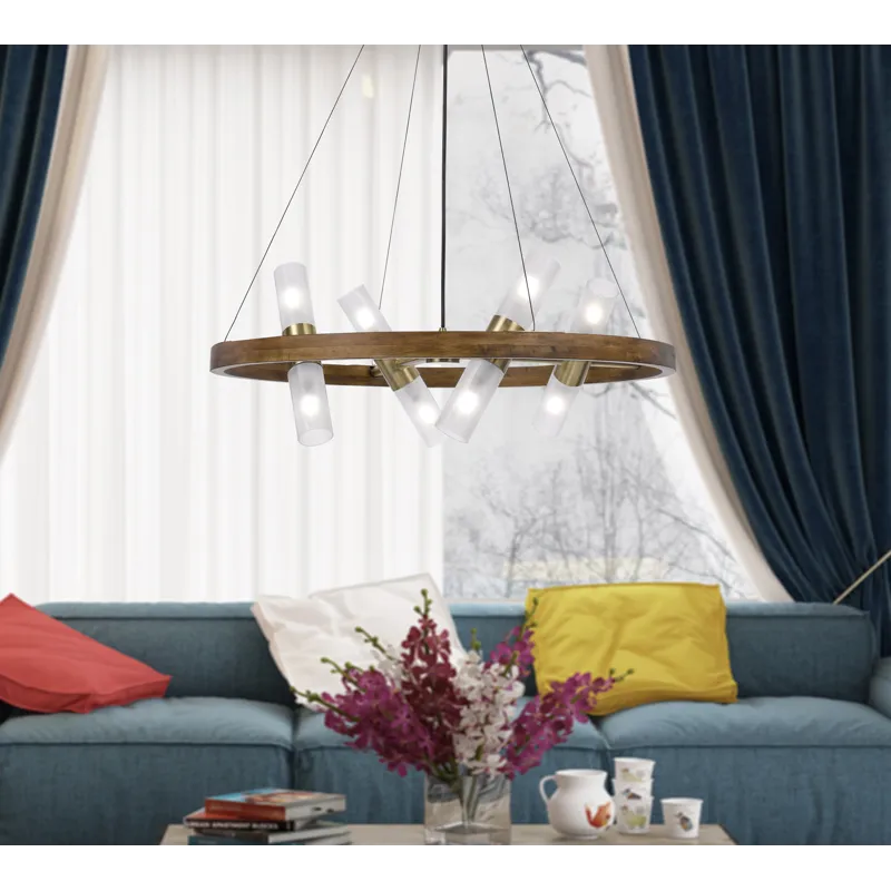 40w X 8 Hempstead Birch Wood Cylinder Chandelier With Adjustable Steel Cable And Glass Shades