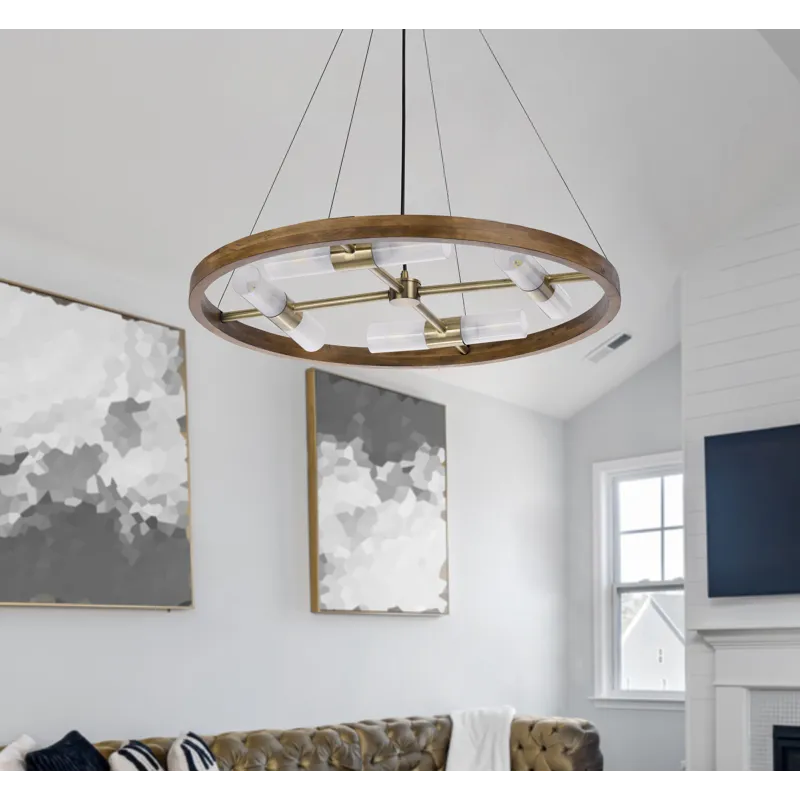 40w X 8 Hempstead Birch Wood Cylinder Chandelier With Adjustable Steel Cable And Glass Shades