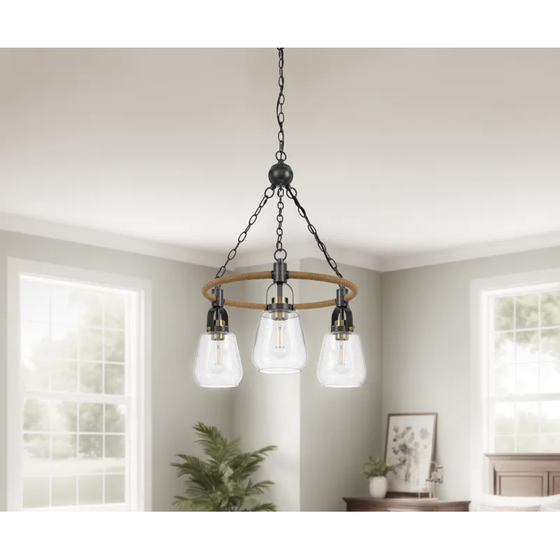 60w X 3 Kavala Metal Chandelier With Burlap Accent And Glass Shades