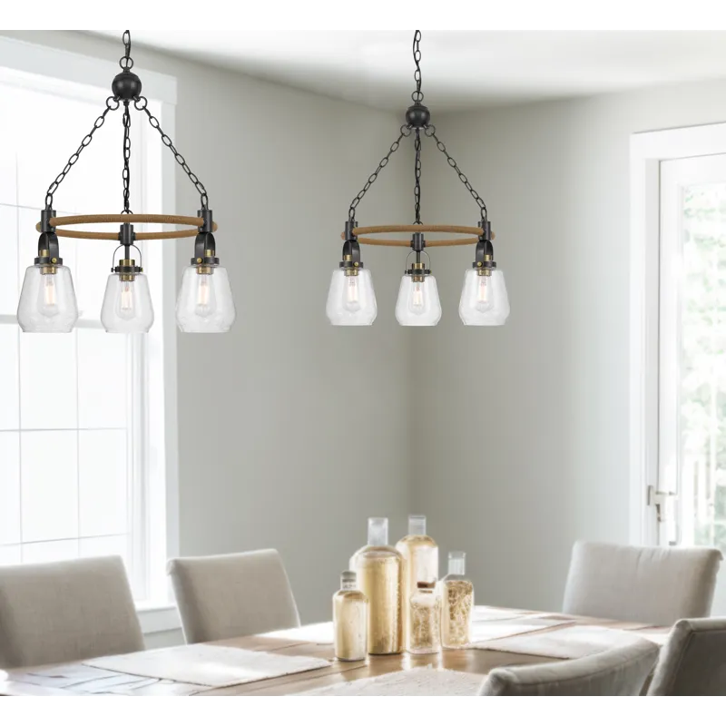 60w X 3 Kavala Metal Chandelier With Burlap Accent And Glass Shades