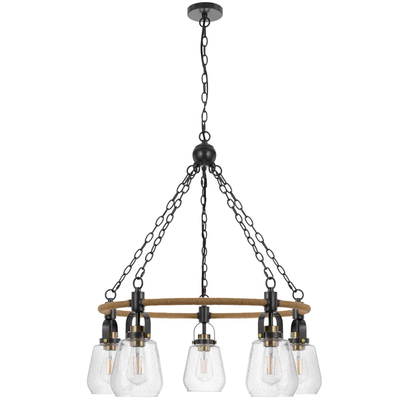 60w X 5 Kavala Metal Chandelier With Burlap Accent And Glass Shades