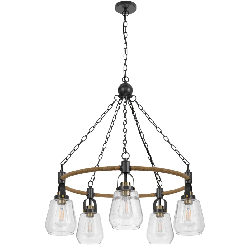 60w X 5 Kavala Metal Chandelier With Burlap Accent And Glass Shades