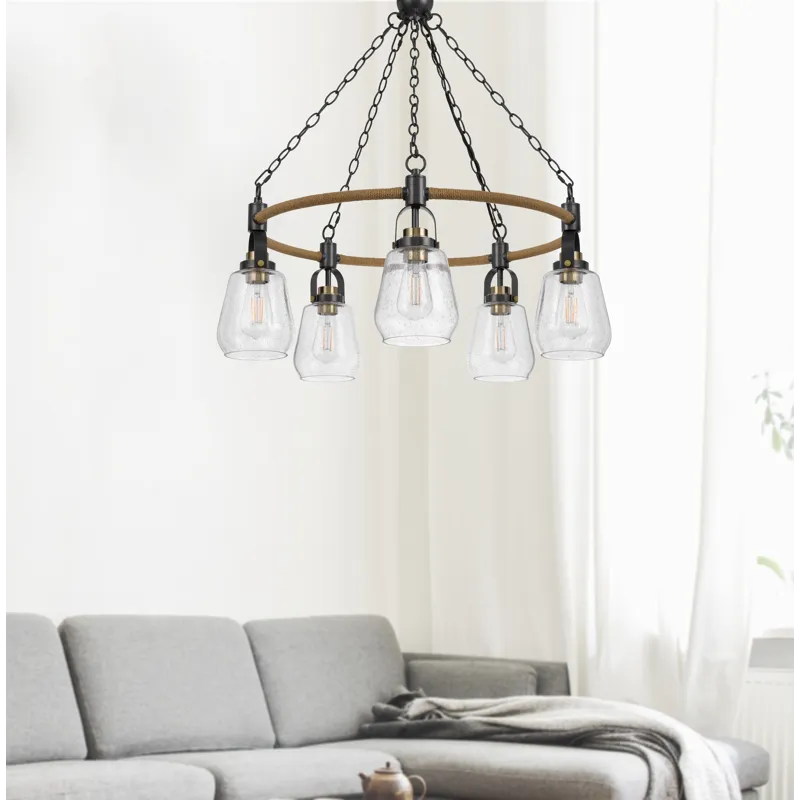 60w X 5 Kavala Metal Chandelier With Burlap Accent And Glass Shades