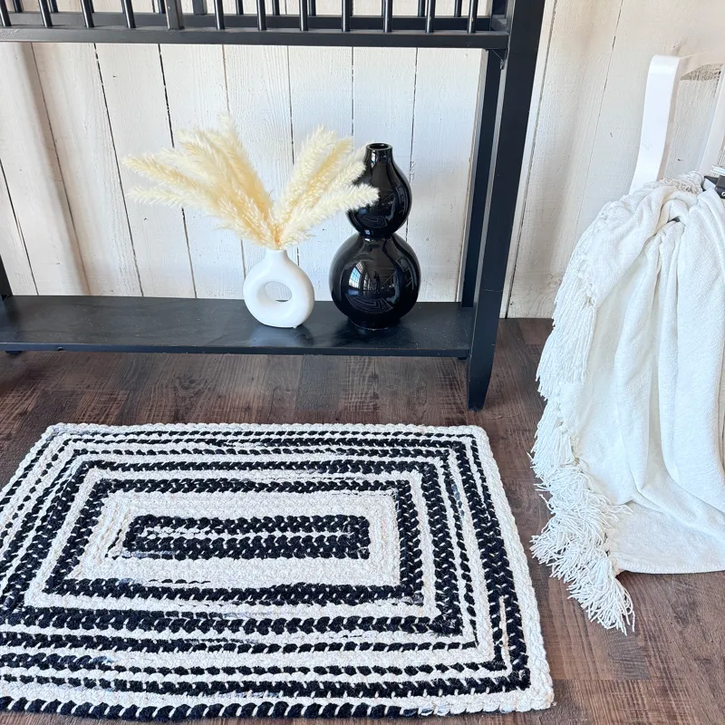 Crafted Black White Concentric Rectangle Rug - 11\'4\" x 14\'4\"