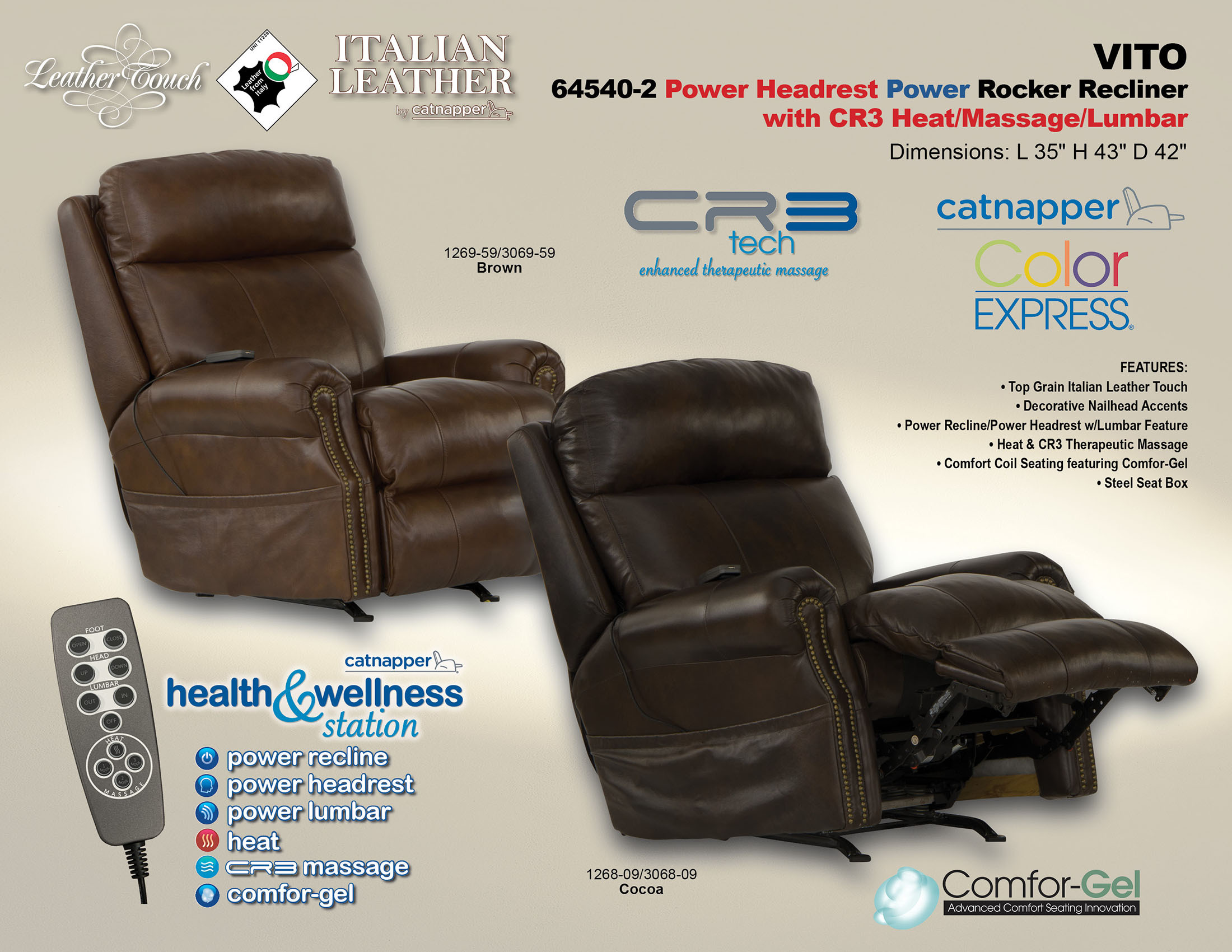 Vito Power Rocker Recliner w/Power Headrest & CR3 Heat/Massage/Lumber