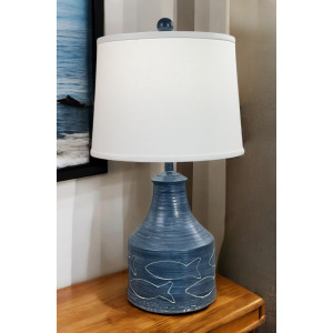 Navy White Washed Wide Clay Jug with Etched Fish