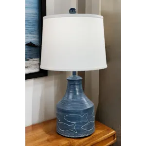 Navy White Washed Wide Clay Jug with Etched Fish