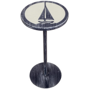 Weathered Navy/Cottage Round Wooden Top Drink Table with Etched Sailboat Accent