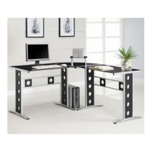 Desks Modern L Shape Desk with Silver Frame & Black Glass