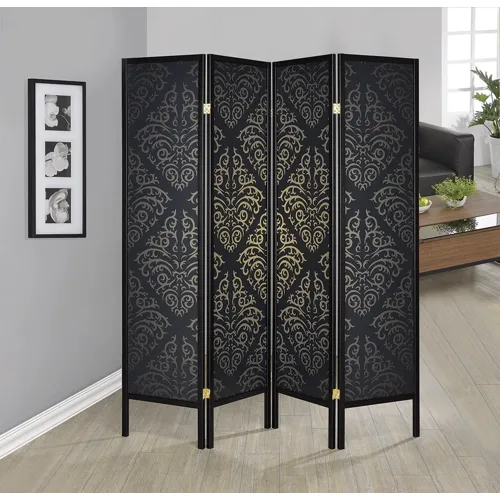 Haidera 4 Panel Damask Pattern Folding Screen Black