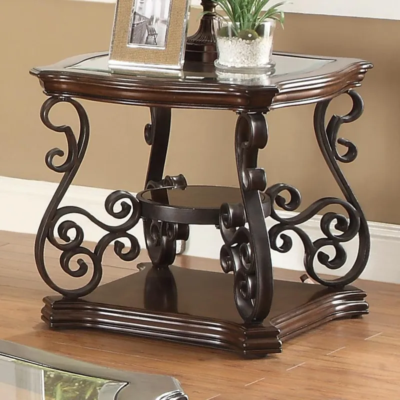 Occasional Group End Table with Tempered Glass Top & Ornate Metal Scrollwork