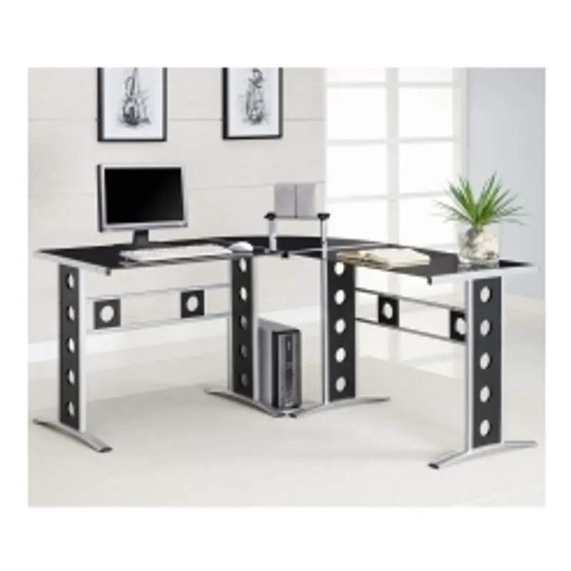 Desks Modern L Shape Desk with Silver Frame & Black Glass