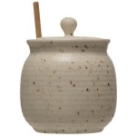 Stoneware Honey Jar w/ Wood Honey Dipper & Lid, Beige w/ Speckle