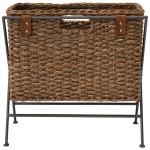 Hand-Woven Seagrass & Rattan Magazine Rack with Metal Stand & Leather Tabs