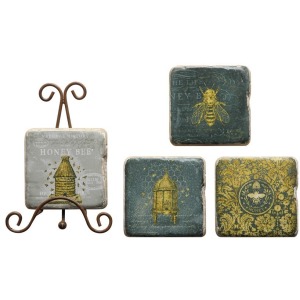 Resin Coasters w/ Bees & Metal Easel Set of 5