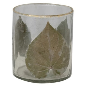 Hand-Blown Glass Votive Holder w/ Embedded Peepal Leaves & Gold Foil Edge