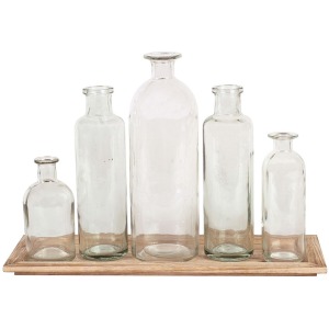 Wood Tray w/ 5 Glass Bottle Vases Set of 6