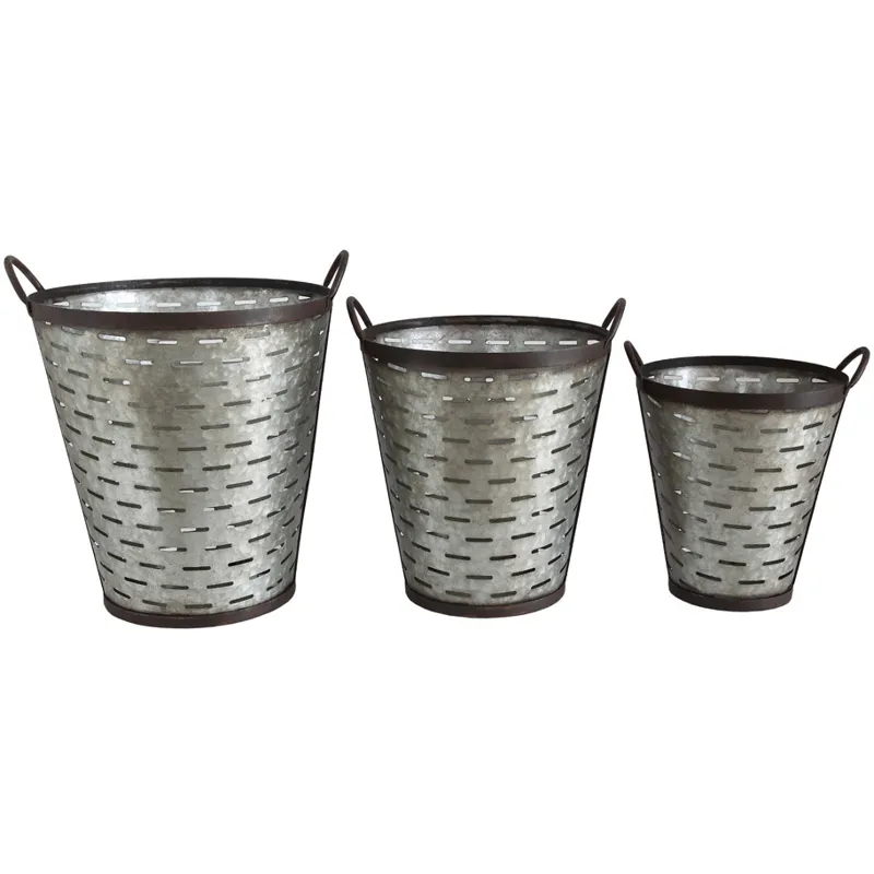 16-3/4" 14-3/4" & Iron Olive Buckets w/ Handle Set of 3