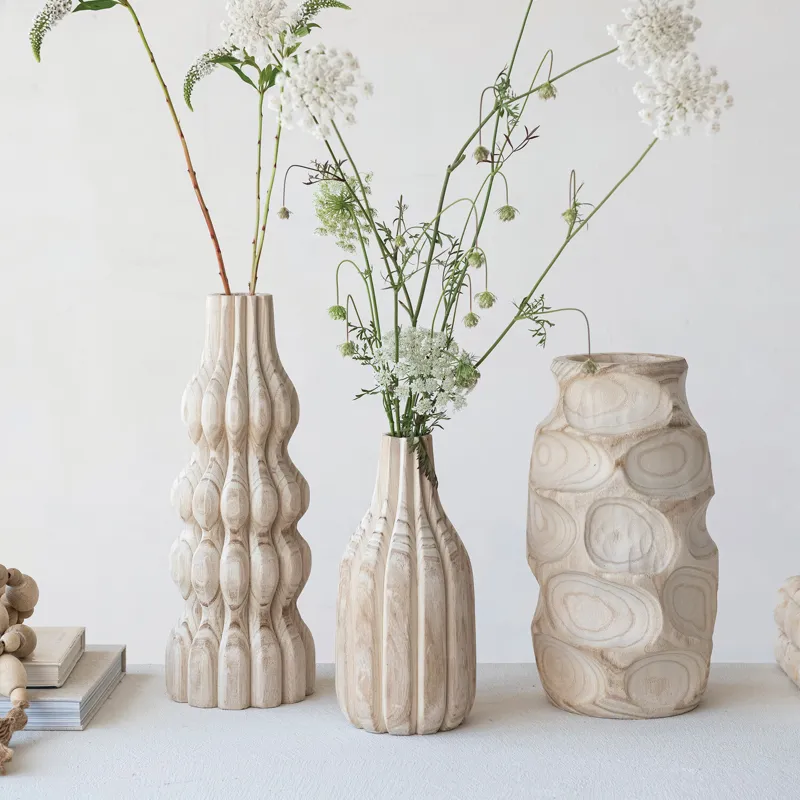 Decorative Carved Paulownia Wood Vase, Natural