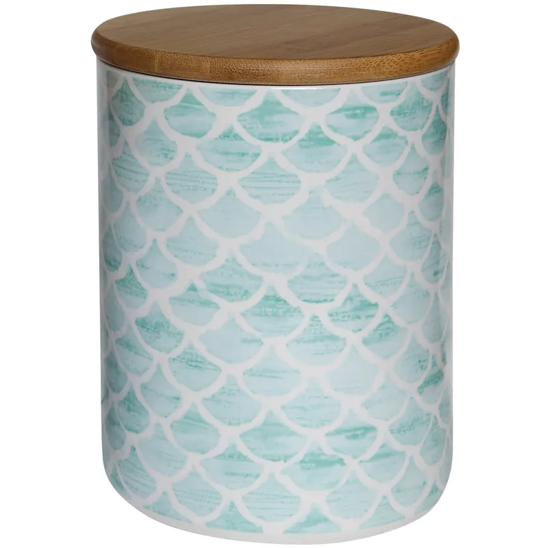 Ceramic Jar w/ Wave Pattern & Bamboo Lid