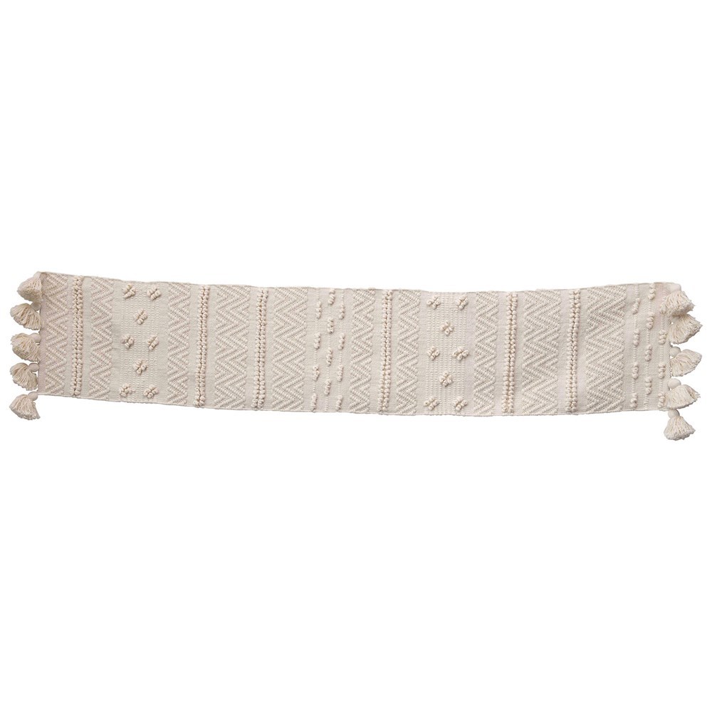Woven Cotton Textured Table Runner w/ Pom Poms & Tassels, Cream Color
