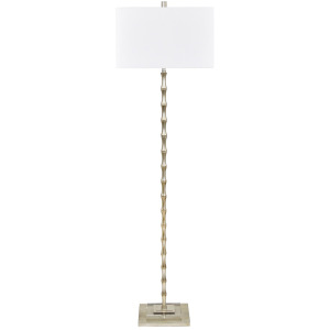 Bamboo-style Champagne Brass Floor Lamp With Crystal Base And Linen Shade