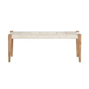 Beige Wicker/rattan Rope And Solid Wood Accent Bench