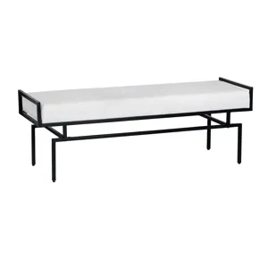 Upholstered White Accent Bench With Black Iron Frame