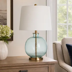 Blue Hammered Glass Table Lamp With White Linen Tapered Drum Shade
