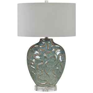 Green And Brown Ceramic Lamp With Sculptural Body And Drum Shade.