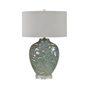 Green And Brown Ceramic Lamp With Sculptural Body And Drum Shade.