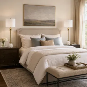 Brass Buffet Table Lamp With White Marble Base And White Linen Shade