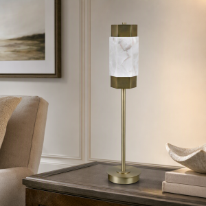 Gold Polished Metal Buffet Lamp With White Marble Specialty Shade