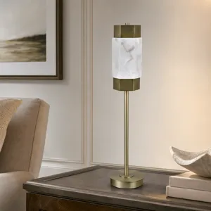 Gold Polished Metal Buffet Lamp With White Marble Specialty Shade