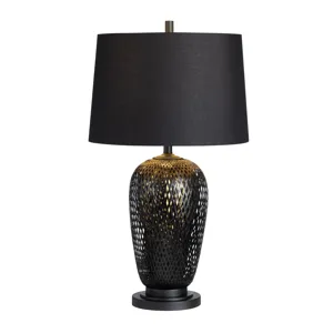 Set Of 2 Black Rattan/bamboo Table Lamp With Linen Shade