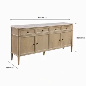 72 In. Tan Wood Whitewashed Four Door, Four Drawer Credenza Sideboard